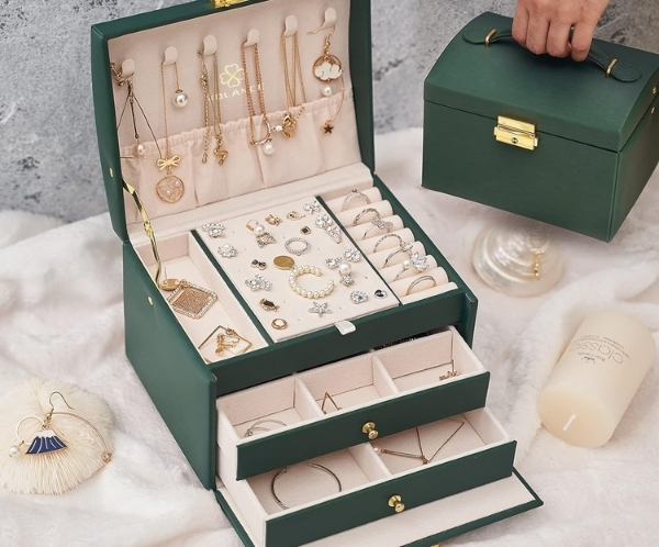 (Jewelry boxes) 3-Layer Green PU Leather Jewelry Bo